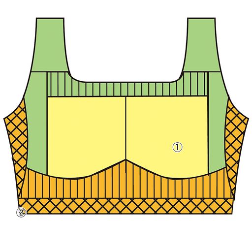 【バスト内側】(1)取り外しできる胸パッド付きで1枚でも着用OK(2)ノンワイヤーながら強圧編みがバストを下からしっかりサポート ※イメージ
