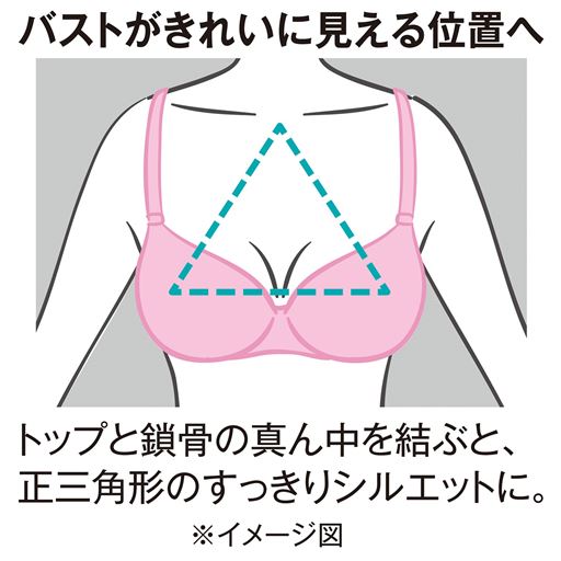 バストがきれいに見える位置へ トップと鎖骨の真ん中を結ぶと、正三角形のすっきりシルエットに。 ※イメージ図
