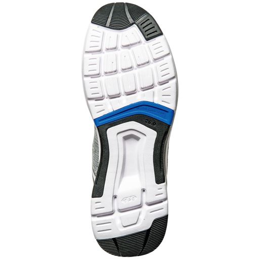 足への負担を軽減 やわらか設計ソール クッション性が高く、負担の少ない蹴り出し。また、靴底の青い硬質バーが正常歩行をアシストします。